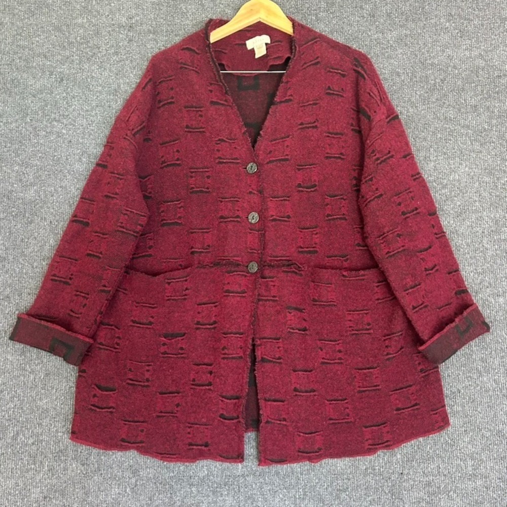 J Jill Womens M Cardigan Wool Sweater Distressed Oversized Burgundy Long Sleeve - Picture 2 of 12